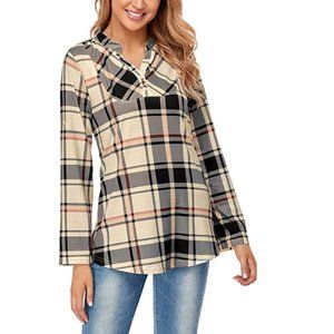 Misused Mandarin Collar Plaid Roll Sleeve Flowy Top